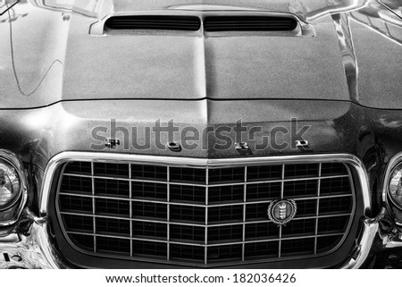 PAAREN IM GLIEN, GERMANY - MAY 19: Detail of the front of a Mid-size car Ford Gran Torino Sport SportsRoof, black and white, \