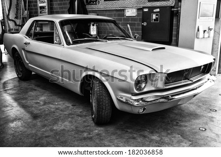 PAAREN IM GLIEN, GERMANY - MAY 19: Muscle car Ford Mustang Hardtop Coupe, black and white, \