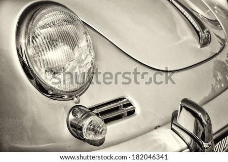 PAAREN IM GLIEN, GERMANY - MAY 19: Detail of the front of the sports car Porsche 356, black and white, \