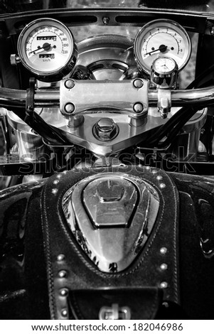 PAAREN IM GLIEN, GERMANY - MAY 19: The dashboard and a fragment of petrol tank motorcycle Honda Valkyrie, black and white, \