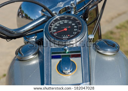 PAAREN IM GLIEN, GERMANY - MAY 19: The dashboard and fuel tank motorcycle Harley Davidson, \