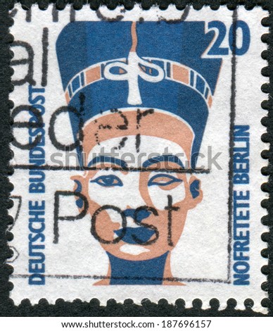 GERMANY - CIRCA 1989: Postage stamp printed in Germany, shows Queen Nefertiti of Egypt, bust, Egyptian Museum, Berlin, circa 1989
