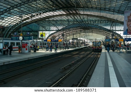 BERLIN, GERMANY - APRIL 19, 2014: Berlin Central Station. Railway platform. The central station of Berlin - the largest and modern railway station of Europe
