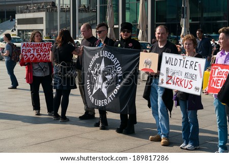 BERLIN, GERMANY - APRIL 19, 2014: Protest activists Animal Protection Society of Berlin against the use of wild animals in the circus