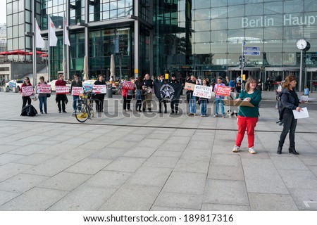 BERLIN, GERMANY - APRIL 19, 2014: Protest activists Animal Protection Society of Berlin against the use of wild animals in the circus