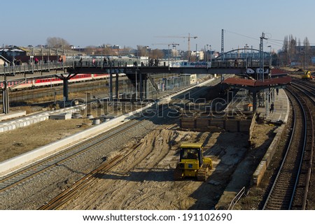BERLIN, GERMANY - FEBRUARY 04, 2014: Construction of a new station Warschauer Strasse - transportation hub of public transport lines S-Bahn and U-Bahn