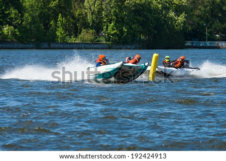 BERLIN, GERMANY - MAY 03, 2014: Demonstration rides on speedboats. 2nd Berlin water sports festival in Gruenau