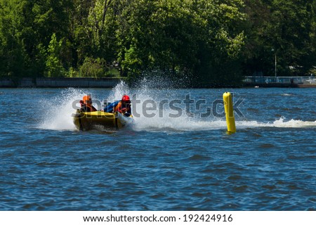 BERLIN, GERMANY - MAY 03, 2014: Demonstration rides on speedboats. 2nd Berlin water sports festival in Gruenau
