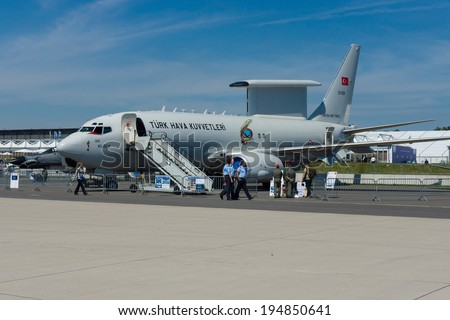 BERLIN, GERMANY - MAY 21, 2014: Airborne early warning and control Boeing B737 AEWC, Turkish Air Force. Exhibition ILA Berlin Air Show 2014