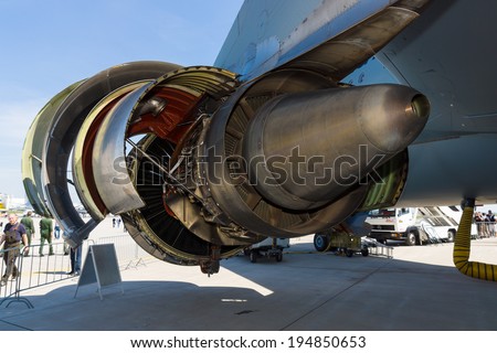 BERLIN, GERMANY - MAY 21, 2014: Jet engine General Electric CF6-80C2 turbofans aircraft Airbus A310 Multi Role Tanker Transport (MRTT). German Air Force. Exhibition ILA Berlin Air Show 2014