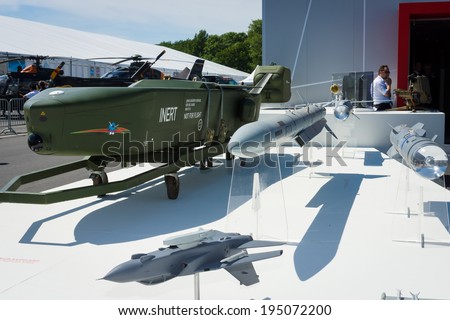 BERLIN, GERMANY - MAY 21, 2014: A German - Swedish air-launched cruise missile Taurus KEPD 350. German Air Force. Exhibition ILA Berlin Air Show 2014