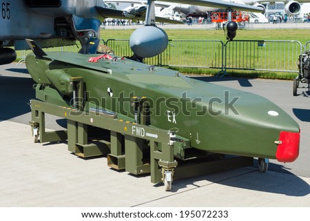 BERLIN, GERMANY - MAY 21, 2014: A German - Swedish air-launched cruise missile Taurus KEPD 350. German Air Force. Exhibition ILA Berlin Air Show 2014