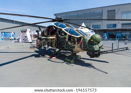 BERLIN, GERMANY - MAY 21, 2014: Attack helicopter TAI-AgustaWestland T129 ATAK. Turkish Air Force. Exhibition ILA Berlin Air Show 2014