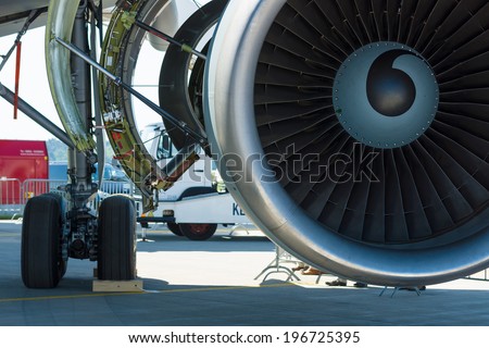 BERLIN, GERMANY - MAY 22, 2014: Jet engine General Electric CF6-80C2 turbofans and landing gear of a aircraft Airbus A310 Multi Role Tanker Transport (MRTT). Exhibition ILA Berlin Air Show 2014