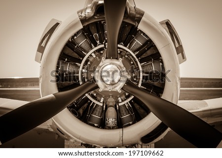 BERLIN, GERMANY - MAY 22, 2014: Piston Engine of the trainer aircraft North American Aviation T-28 Trojan. (US Navy, USS Lexington). Sepia. Exhibition ILA Berlin Air Show 2014