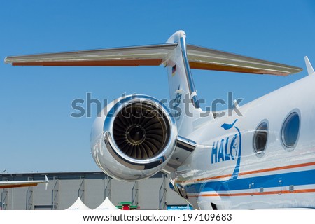BERLIN, GERMANY - MAY 22, 2014: A turbojet engine Pratt & Whitney Canada PW535E of a light business jet Embraer EMB-505 Phenom 300. Exhibition ILA Berlin Air Show 2014