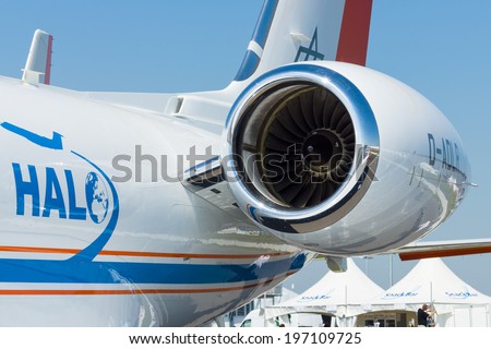 BERLIN, GERMANY - MAY 22, 2014: A turbojet engine Pratt & Whitney Canada PW535E of a light business jet Embraer EMB-505 Phenom 300. Exhibition ILA Berlin Air Show 2014