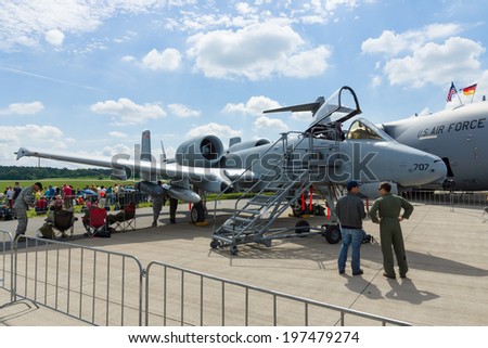 BERLIN, GERMANY - MAY 24, 2014: Fixed-wing close air support, forward air control, and ground-attack aircraft Fairchild Republic A-10 Thunderbolt II. US Air Force. Exhibition ILA Berlin Air Show 2014