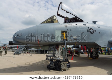 BERLIN, GERMANY - MAY 24, 2014: Fixed-wing close air support, forward air control, and ground-attack aircraft Fairchild Republic A-10 Thunderbolt II. US Air Force. Exhibition ILA Berlin Air Show 2014