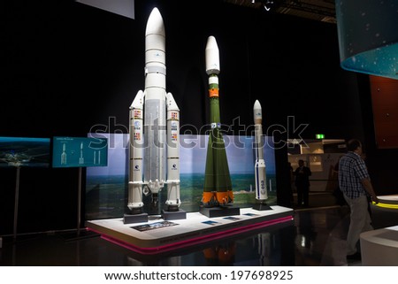 BERLIN, GERMANY - MAY 24, 2014: Models of rockets European Space Agency (Soyuz-2, Vega, Ariane 5) launched from Kourou in French Guiana. Exhibition ILA Berlin Air Show 2014