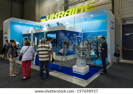 BERLIN, GERMANY - MAY 24, 2014: Stand State Space Agency of Ukraine. Space pavilion. Exhibition ILA Berlin Air Show 2014