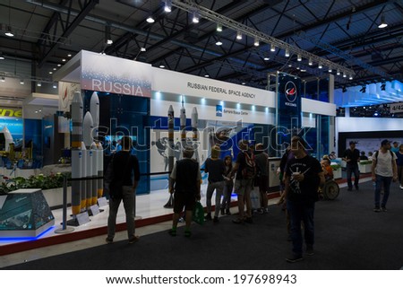 BERLIN, GERMANY - MAY 24, 2014: Stand Russian Federal Space Agency (Roscosmos). Space pavilion. Exhibition ILA Berlin Air Show 2014