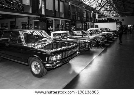 BERLIN, GERMANY - MAY 17, 2014: Various oldtimers 60-70s standing in a row. Black and white. 27th Oldtimer Day Berlin - Brandenburg