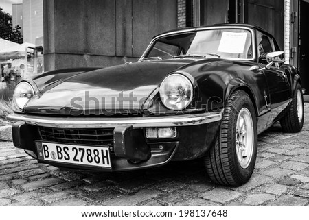BERLIN, GERMANY - MAY 17, 2014: Sports coupe Triumph Spitfire Mark IV. Black and white. 27th Oldtimer Day Berlin - Brandenburg