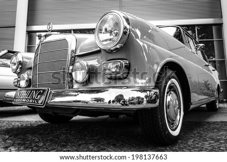 BERLIN, GERMANY - MAY 17, 2014: Executive car Mercedes-Benz 200 (W110). Black and white. 27th Oldtimer Day Berlin - Brandenburg