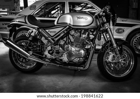 BERLIN, GERMANY - MAY 17, 2014: Sports motorcycle Norton Commando 961 Cafe Racer. Black and white. 27th Oldtimer Day Berlin - Brandenburg
