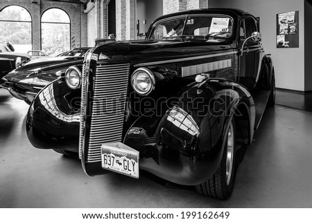 BERLIN, GERMANY - MAY 17, 2014: Sports car Buick Hot Rod Business Coupe V8 Big Block Andere. Black and white. 27th Oldtimer Day Berlin - Brandenburg