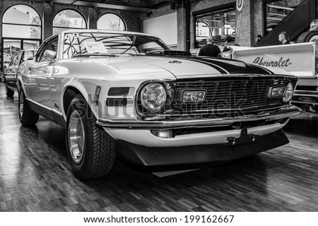 BERLIN, GERMANY - MAY 17, 2014: Ford Mustang Mach 1, Ramair Cobra Jet - is an performance-oriented option package of the Ford Mustang. Black and white. 27th Oldtimer Day Berlin - Brandenburg