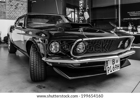 BERLIN, GERMANY - MAY 17, 2014: Muscle car Ford Mustang Boss 429 Fastback (1969). Black and white. 27th Oldtimer Day Berlin - Brandenburg