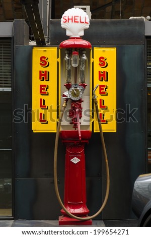 BERLIN, GERMANY - MAY 17, 2014: Fuel dispenser SATAM Typ MO2, France-Germany, nickname Iron maiden (1932). 27th Oldtimer Day Berlin - Brandenburg