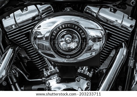 BERLIN, GERMANY - MAY 17, 2014: Twin Cam 103 engine closeup of motorcycle Harley Davidson Softail. Black and white. 27th Oldtimer Day Berlin - Brandenburg