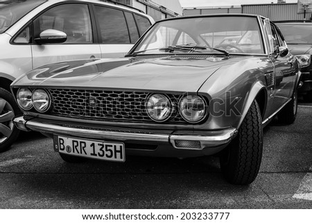 BERLIN, GERMANY - MAY 17, 2014: Sports coupe Fiat Dino 2000 (Type 135), 1968. Black and white. 27th Oldtimer Day Berlin - Brandenburg