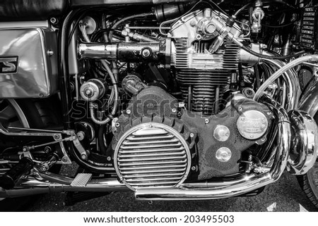 BERLIN, GERMANY - MAY 17, 2014: Engine of the motorcycle Munch Mammoth 1200 TTS. Black and white. 27th Oldtimer Day Berlin - Brandenburg