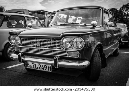 BERLIN, GERMANY - MAY 17, 2014: Large family car Fiat 1500, 1967. Black and white. 27th Oldtimer Day Berlin - Brandenburg