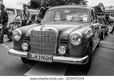 BERLIN, GERMANY - MAY 17, 2014: Compact executive car Mercedes-Benz 190 (W121).Black and white. 27th Oldtimer Day Berlin - Brandenburg