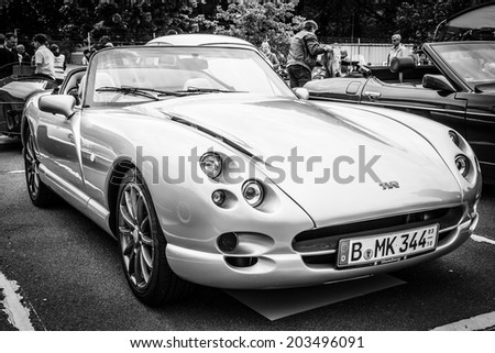 BERLIN, GERMANY - MAY 17, 2014: A two-seater convertible sports car TVR Chimaera. Black and white. 27th Oldtimer Day Berlin - Brandenburg