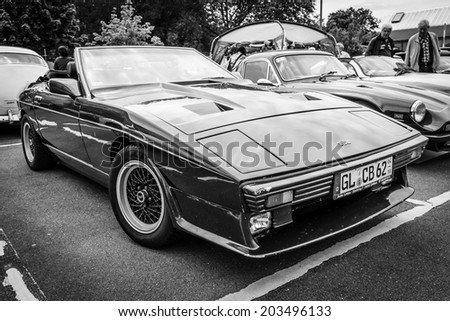 BERLIN, GERMANY - MAY 17, 2014: A two-seater convertible sports car TVR 350i. Black and white. 27th Oldtimer Day Berlin - Brandenburg