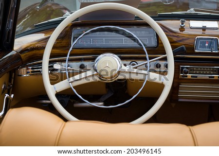 BERLIN, GERMANY - MAY 17, 2014: Cabin of the luxury car Mercedes-Benz 220S (W180 II). 27th Oldtimer Day Berlin - Brandenburg