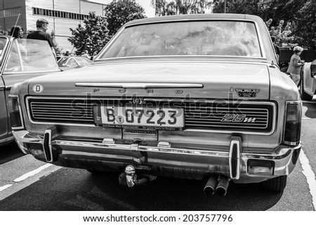 BERLIN, GERMANY - MAY 17, 2014: Large family car Ford 26M (P7b). Rear view. Black and white. 27th Oldtimer Day Berlin - Brandenburg