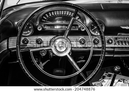 BERLIN, GERMANY - MAY 17, 2014: Cabin of the personal luxury car Ford Thunderbird (first generation). Black and white. 27th Oldtimer Day Berlin - Brandenburg