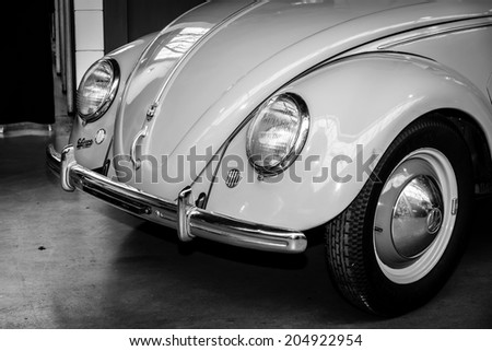 BERLIN, GERMANY - MAY 17, 2014: Detail of the subcompact Volkswagen Beetle, Typ 11a, Export (Brezelkaefers). Black and white. 27th Oldtimer Day Berlin - Brandenburg