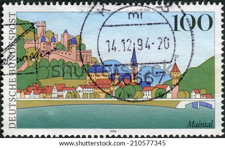 GERMANY - CIRCA 1994: Postage stamp printed in Germany, shows a view of the city Maintal (Wertheim), circa 1994