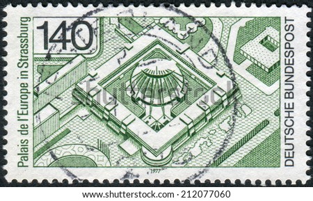 GERMANY - CIRCA 1977: Postage stamp printed in Germany, shows the Palais de l\'Europe, Strasbourg, circa 1977