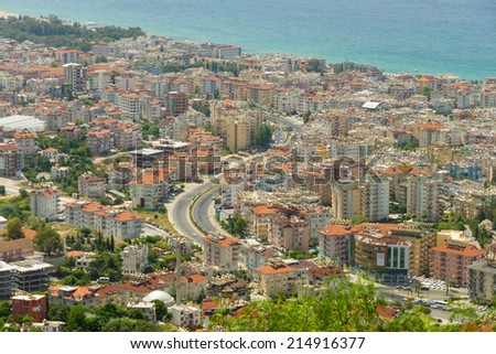 ALANYA, TURKEY - JUNE 27, 2014: Alanya and the Mediterranean Sea from the bird\'s-eye view. Alanya is a popular Mediterranean resort.