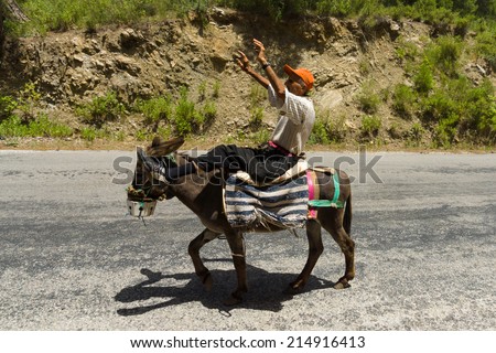 ALANYA, TURKEY - JUNE 27, 2014: Village resident entertains tourists riding on a donkey