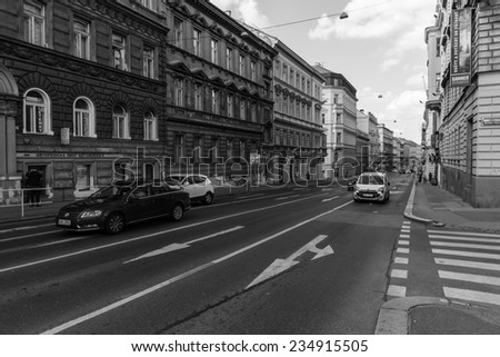 PRAGUE, CZECH REPUBLIC - SEPTEMBER 04, 2014: Street and everyday life of the city. Black and white. Prague is the capital and largest city of the Czech Republic.